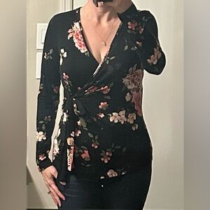 Bobeau Black Floral Tie-Wrap Blouse with Long Sleeves